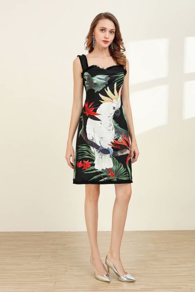 

milan runway dress 2020 spring summer spaghetti strap print designer dress brand same style dress 0305-11, Black