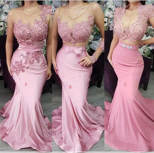 Moda Blush Pink Lace Satin Long Mermaid Prom Dresses Manica lunga Abiti da festa junior Abiti da damigella d'onore con abiti da sera con fiocco BC2523