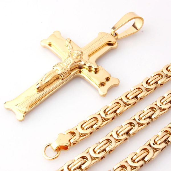 

6mm byzantine chain necklace cross pendant stainless steel jesus men's necklace 18"-40, Silver