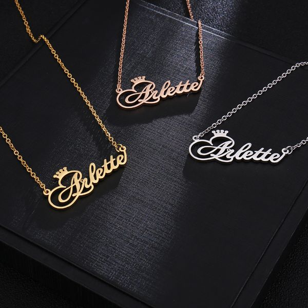 

персонализированные имя корона ожерелье ручной работы customized cursive шрифта nameplate ожерелье цепи нержавеющей стали ювелирные изделия, Silver