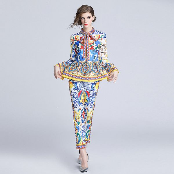 

fashion designer runway suit sets 2019 autumn long sleeve bow collar long pants 2 piece set women, White