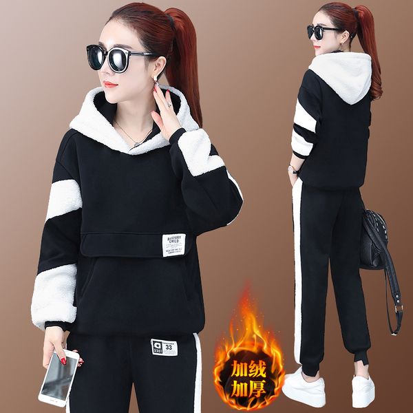 

2019 new winter women sportswear tracksuit thick fleece warm hoodie sweatshirt+pant running jogger fitness casual set sport suit, Black;blue
