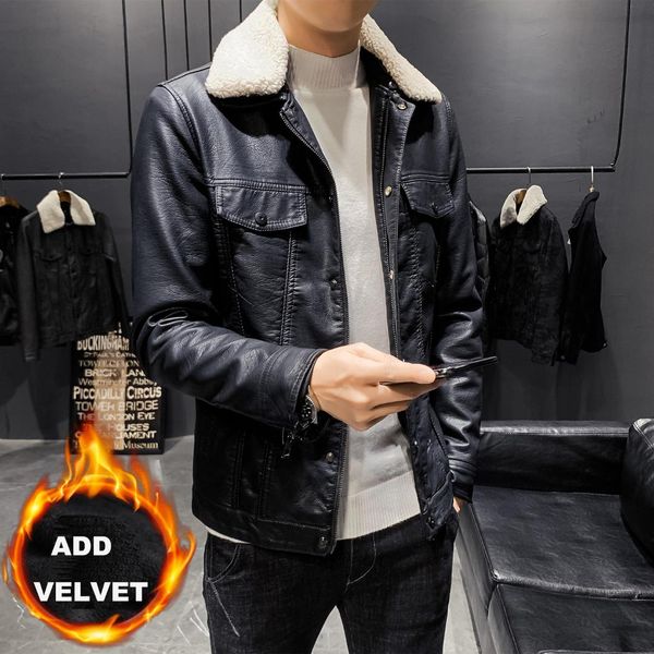 

gzdeerax faux leather mens jackets luxury fur collar add velvet thick mens jackets and coats plus size 5xl slim fit man coats, Black