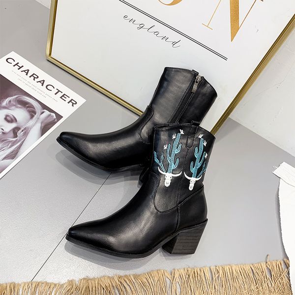 

boussac animal pettern embroider western cowboy boots women pointed toe ankle boots for women on high heel women's, Black