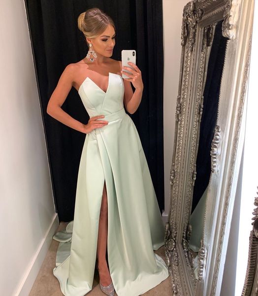 Schneiden Sie V-Ausschnitt Prom Abendkleid Satin-lange 2020-Seiten-Schlitz-Kleid Frau vestidos de Gala-Party Night-formales Kleid