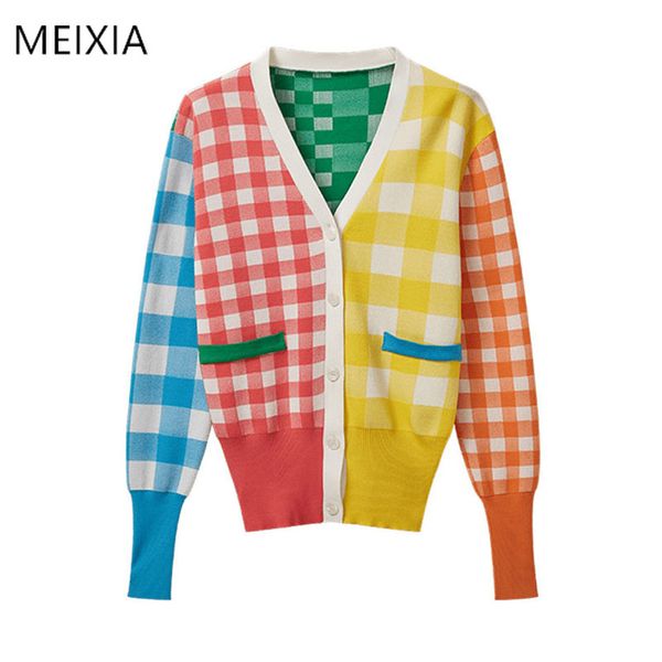 

women's knits & tees 2021 patchwork plaid knit cardigan woman single-breasted sweater korean fashion chic thin, White