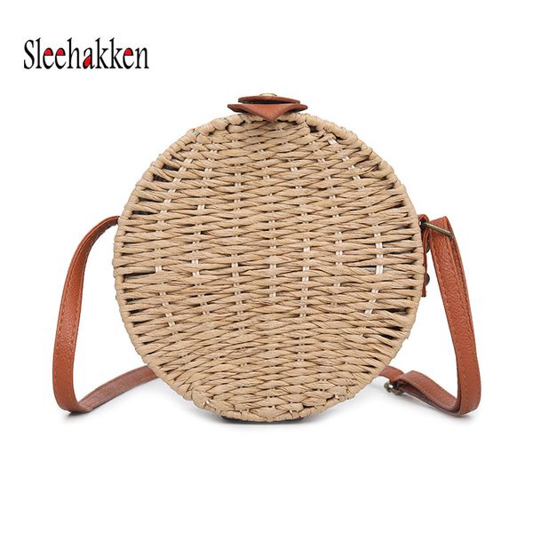 

women's straw bag fashion hand-woven beach bag shoulder rattan diagonal small round autumn new khaki main lady