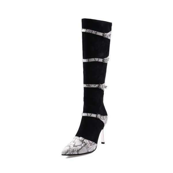

fashion women's boots european and american style design snake pattern mixed color buckle decoration women's knee boots wholesale, Black
