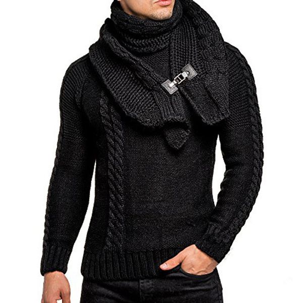 

men's sweaters mens long sleeve slim round neck sweater detachable leather buckle bib solid color pattern, White;black