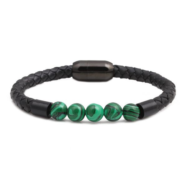 

vintage natural malachite beaded leather bracelet stainless steel magnetic buckle men's bracelet for men jewelry, White