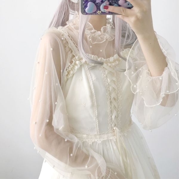 

sweet women's lolita chiffon inner shirt beading trim puff sleeve perspective blouses cute colors grey/beige fairy kei, White