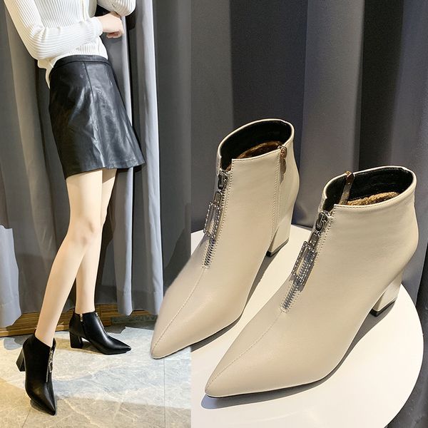 

shoes boots boots-women leather booties zipper crystal winter footwear 2019 high heel autumn rubber rhinestone ladies, Black