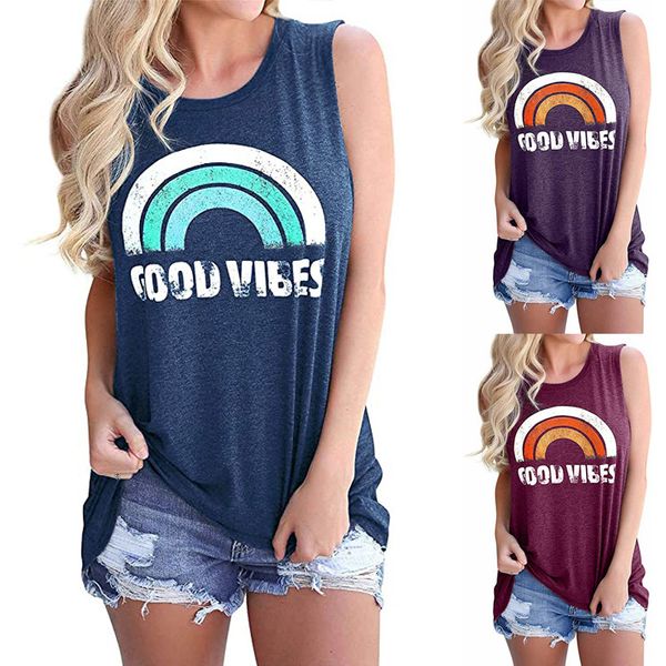 

попђлѬнй женкий жиле good vibes letter print кѬђглй вѬез без Ѭђкавов ђболки, White