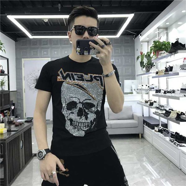 

2020 new arrival shining crystals diamond tees short sleeve casual t shirt men skulls tshirt cotton t-shirt summer tees, White;black