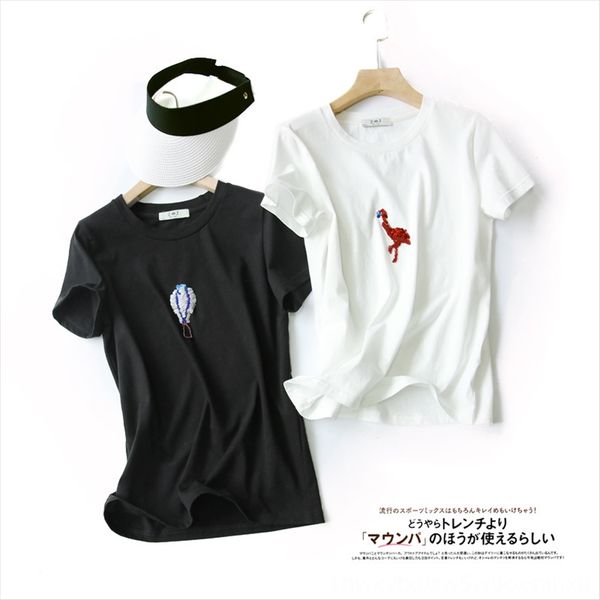 

zoj boutique handmade embroidery beads pure beads cotton cotton t-shirt short-sleeved t-shirt women's 2020 women's clothing, White