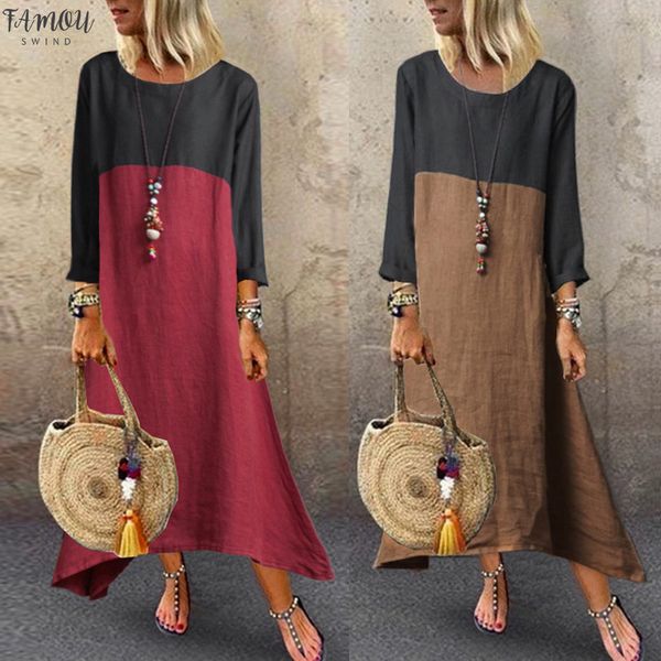 

new fashion women plus size casual loose long sleeve solid lady splice linen long maxi dress wholesale z4, Black;gray