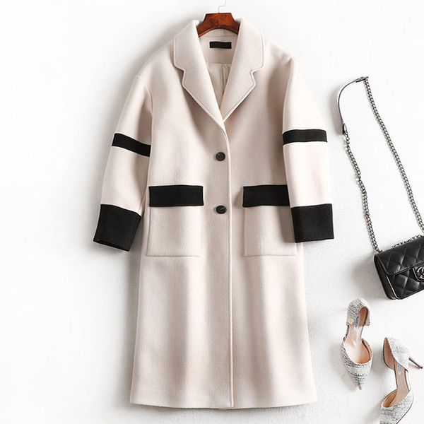 

large size female 2019 new casual fashion medium long wool age korean woman autumn winter apricot coats ss656, Black