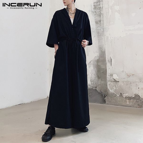 

men's pants fashion men jumpsuit solid 2021 v neck chic rompers loose high street half sleeve wide leg overalls casual 5xl incerun, Black