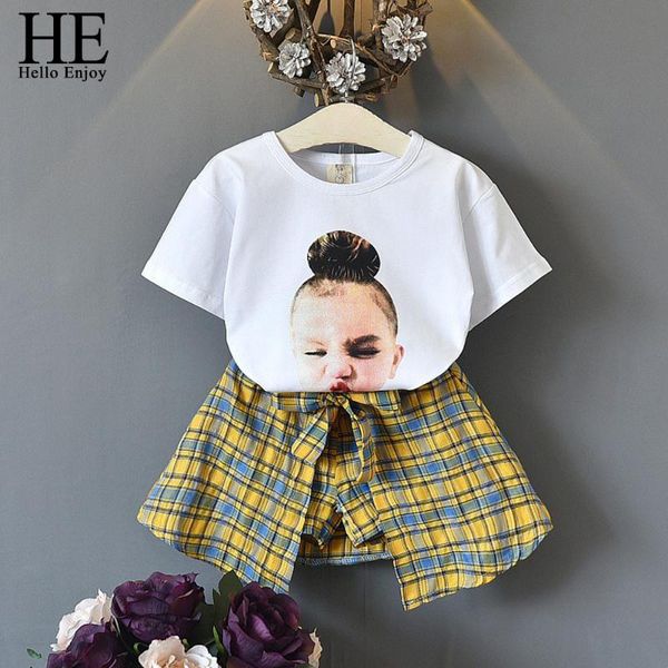 

he hello enjoy toddler girls summer clothing set fashion two-piece preppy style cartoon print t-shirt+plaid bow shorts kids 2019, White