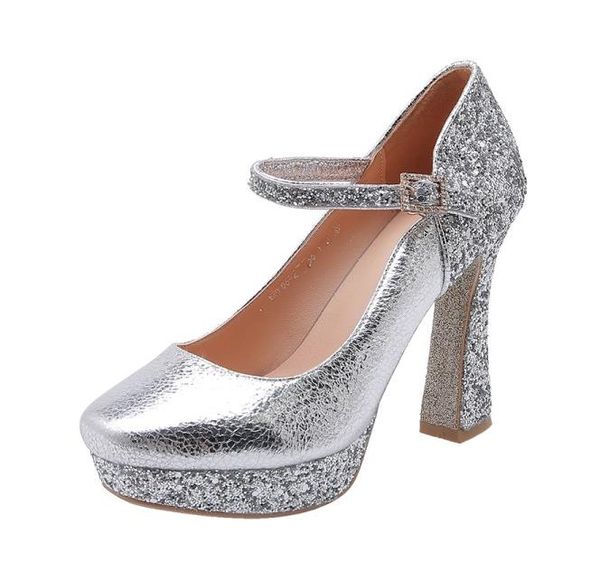 

big small size 32 33 to 40 41 42 43 gold silver sequined designer heels fashion thick high heels bridal wedding shoes cs02, Black