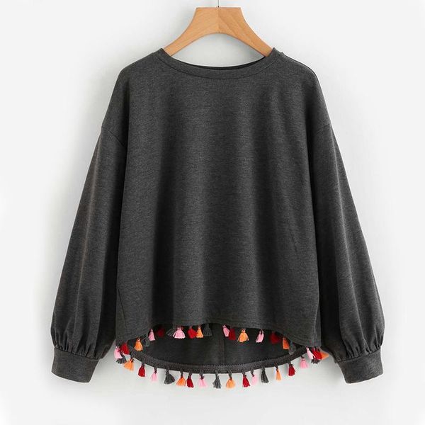 

colorful tassel trim dip hem heathered pullover grey long sleeve casual autumn womens sweatshirts pullover luxury hoodie elegant, Black