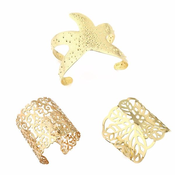 

dayoff simple gold silver open cuff bangles bracelets for women jewelry hollow metal minimalism boho starfish wide bracelets b71, Golden;silver