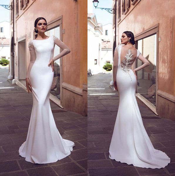 Elegantes neues Satin-Meerjungfrau-Hochzeitskleid Boho-Spitzeapplikationen Brautkleider mit langen Ärmeln Einfache Brautkleider Vestidos De Novia