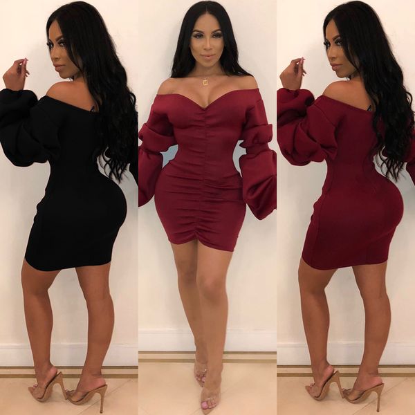 

slim fit hip folds puff sleeves one shoulder v-neck skirt women's long-sleeved casual dresses nightclub short skirts, Black;gray