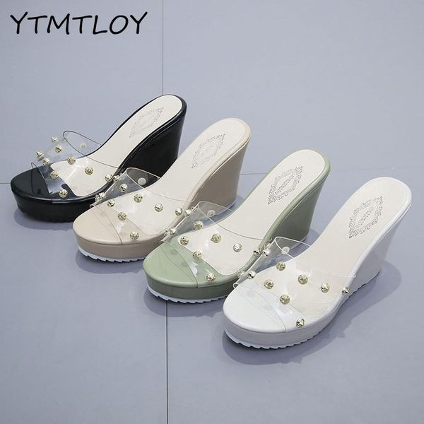 

2020 wedge transparent peep toe women's slippers fashion platform slides 11cm high heels shoes for women zapatillas mujer casa, Black