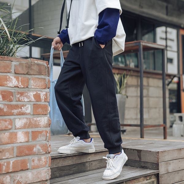 

men's casual pants 2019 autumn and winter new solid color casual beam pants loose young personality fashion trend men's clothing, Black