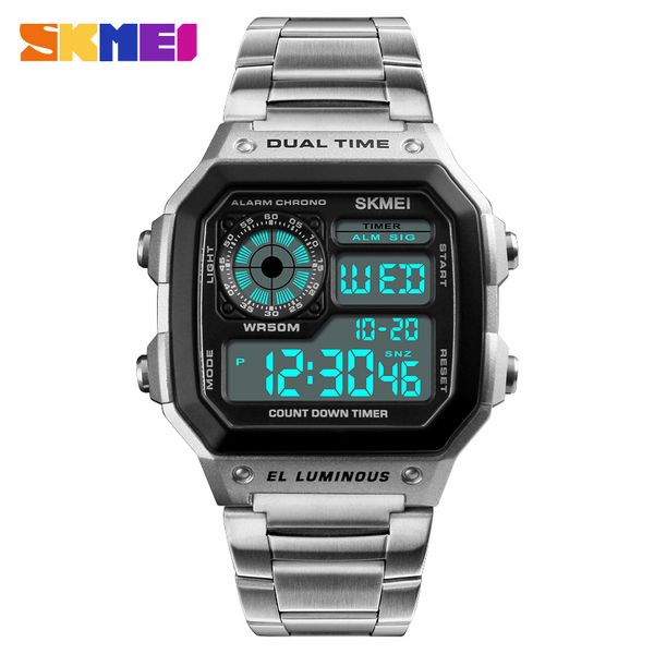 

skmei man sport digital watch alarm stainless steel men's watches countdown chrono waterproof wrist watch relogio masculino, Slivery;brown