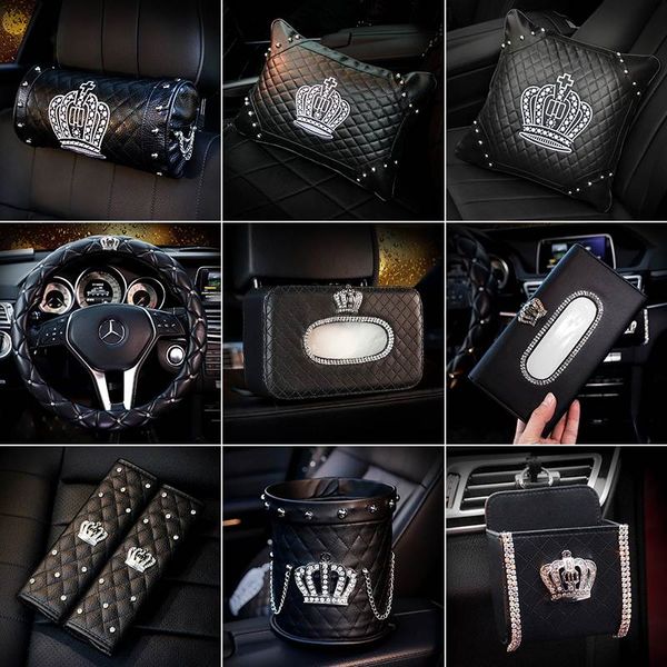 

anti slip pu leather car gear shift knob cover safety belt cover handbrake crystal rhinestone bling diamond crown key case