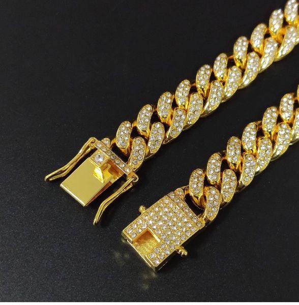 

18k full diamond 12mm wide men's cuban chain bracelet hip hop accessories, Black