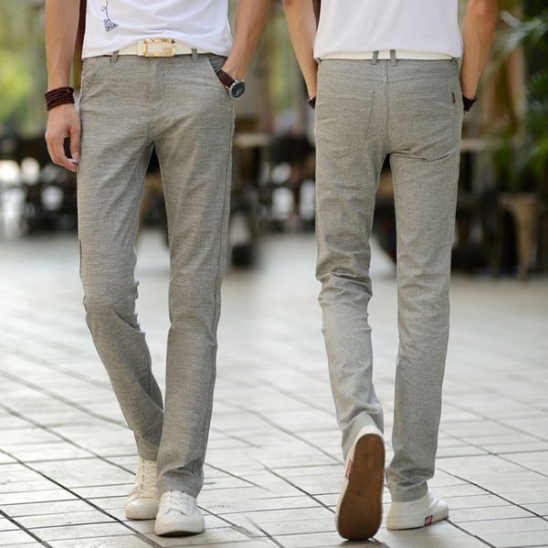 

new men's leisure pants flax summer slim korean edition slim straight cylinder fashion trousers male brand clothing plus size, Black