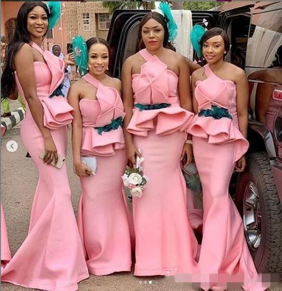 

modest pink bridesmaid dresses mermaid satin ruched one shoulder ruffles handmade flowers sash sweep train plus size maid of honor gown, White;pink