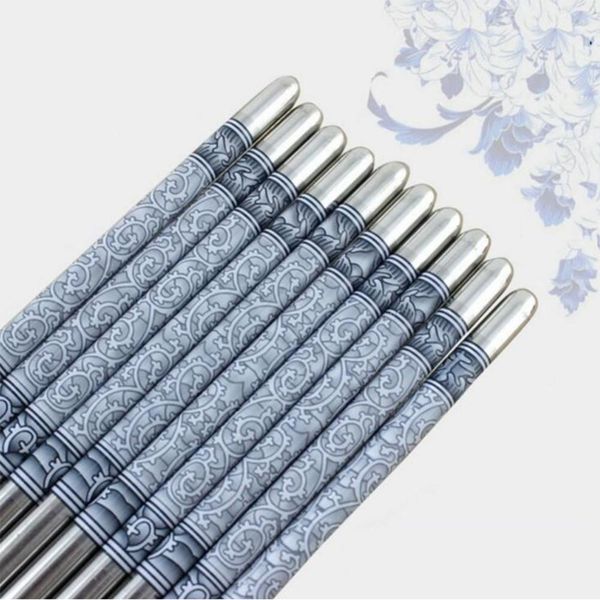 

1 pair stainless steel chopsticks white flower pattern food sticks portable chinese long chopsticks reusable chopsticks