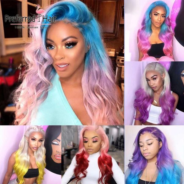 

lace wigs preferred brazilian human hair wig ombre pink remy front pre plucked blue full for black women, Black;brown
