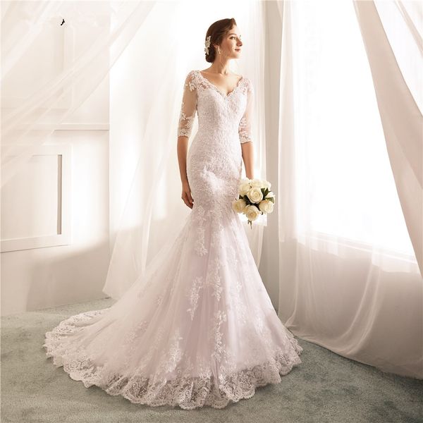 

vestido de novia lace mermaid wedding dresses v neck half sleeve wedding gowns bridal dress mariage, White