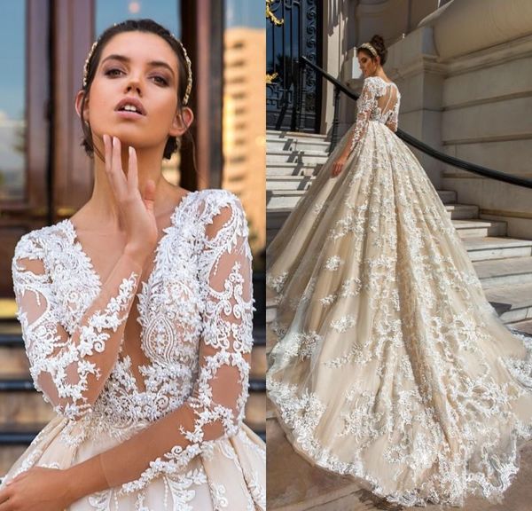 

long sleeve lace ball gown wedding dresses 2020 robe de mariage applique vestido de noiva de renda luxury bridal gowns plus size, White