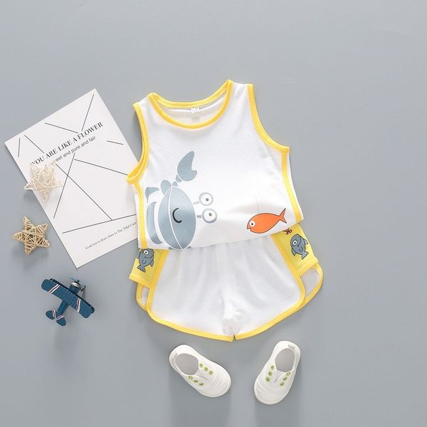 

boys vest clothes cartoon baby children sport suits summer sleeveless crab + shorts tracksuit kids clothing 1-4 years fish, White