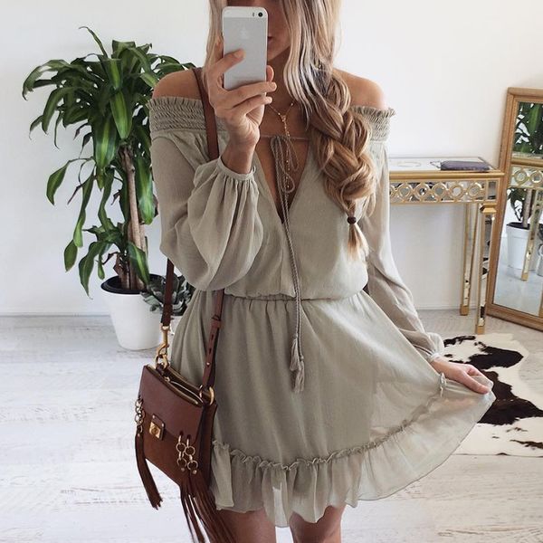 

womens designer one-line shoulder-waist skirt chiffon long-sleeved dress women, Black;gray