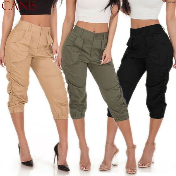 

oversized womens summer 3/4 shorts capri cropped casual trousers pocket half ladies elastic pants haren pants plus size s-2xl, Black;white