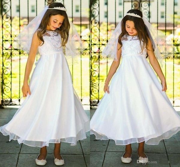 

2019 wholesale holy white flower girl gowns organza a line lace applique bodice ankle length girls party dresses, White;blue