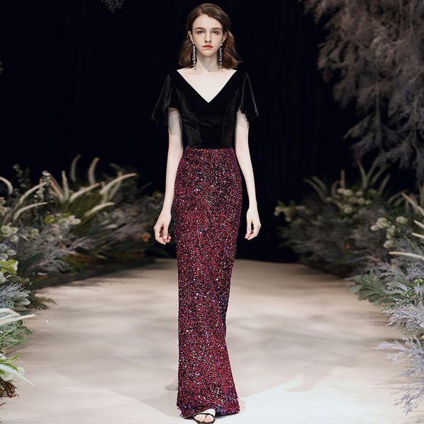 

runway dresses deep v-neck velvet sequin dress female red 2021 fishtail temperament noble dinner party annual meeting winter, Black