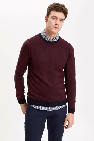 

defacto autumn solid white black wine red men knitted tees long sleeve casual pure color o-neck pullover-k8631az19wn