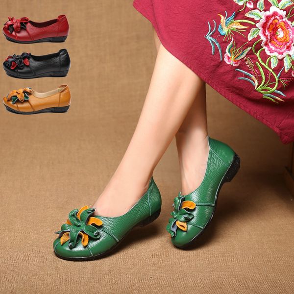 

women genuine leather shoes women flat shoes fashion loafers flower slip on ladies ballet flats moccasins ballerina, Black