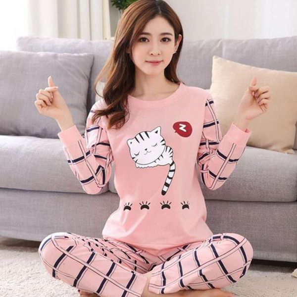 

women pajamas set sweet cartoon print ladies long-sleeved trousers leisure wear set large size comfortable pajamas suit, Black;red