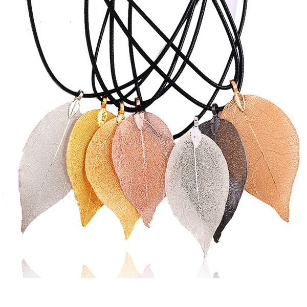 

natural leaf pendant necklace with leather rope gold and silver plated luxury multicolor special leaves jewelry gifts for women and girls ne