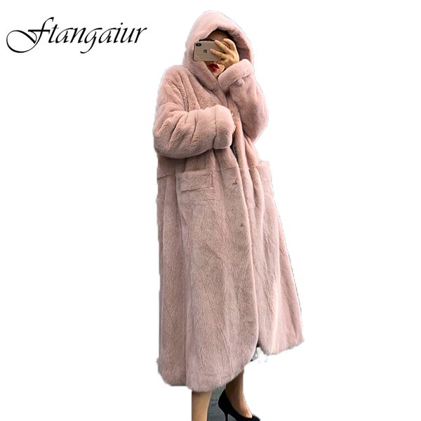 

ftangaiur 2019 winter import purple label velvet coat with hood big pockets x-long women's natural real coats, Black