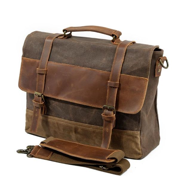 

men messenger bag waterproof canvas leather man vintage handbags large satchel shoulder bags 14" computer lapbriefcase